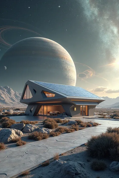 Solar system house that is modern and has a carage
