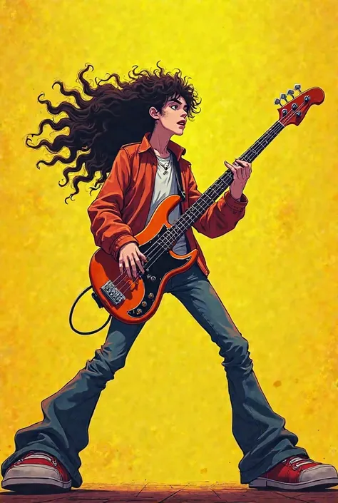 An anime image of A back tall bassist  with curly hair playing the bass. Yellow background.
