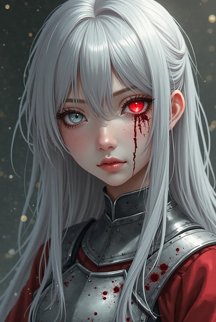 A beautiful woman, one bright red eye and the other white blind eye with a deep scar, long greyish white hair , with some old scars on the face,  medieval plate armor without breasts, silver half dark shiny and dirty with blood , Very softly pulled style f...