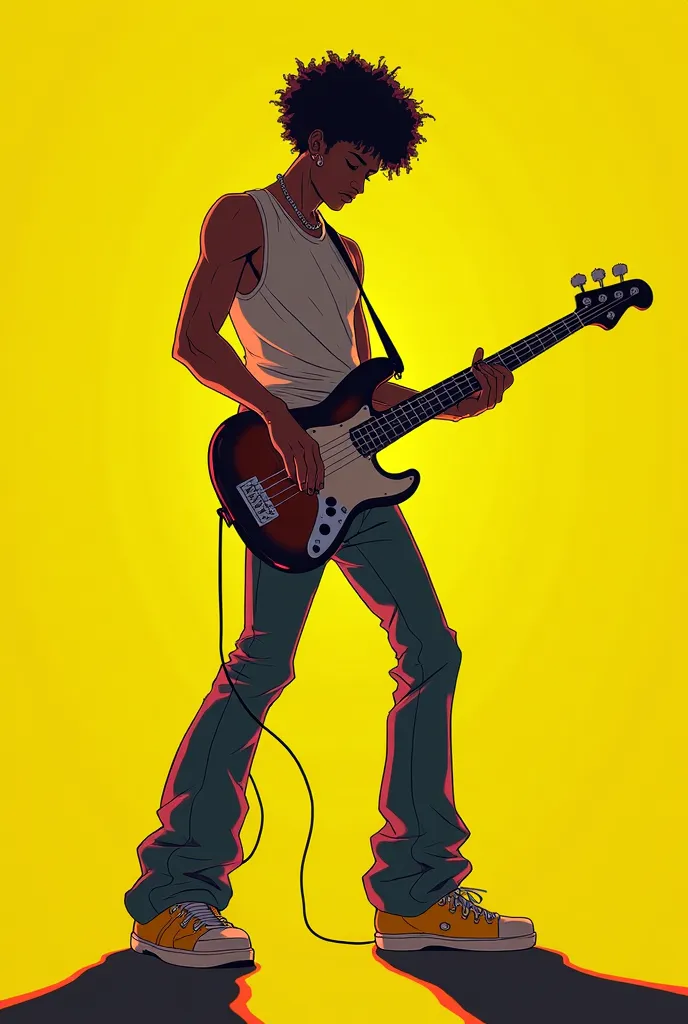 An anime image of A back tall bassist  with a short afro hair playing the bass. Yellow background.
