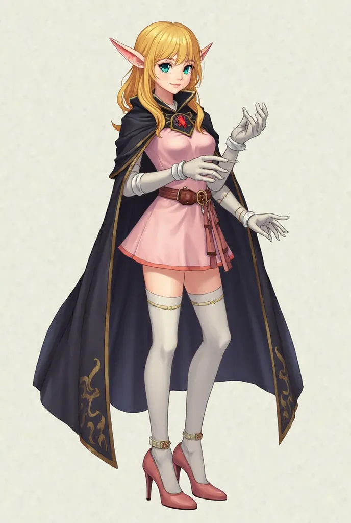 Elf Boy, with blond hair, left eye blue, Right green, in a light pink short dress, long white stockings above the knee, elbow-length white gloves, covering the palm, pink high-heeled shoes with ankle closure, a sheath on a belt, in a dark cloak