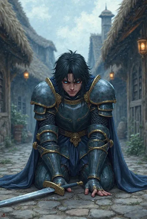 Anime knight on hands and knees crying tears rolling down his face he’s crying his sword on the ground in front of him in the village 