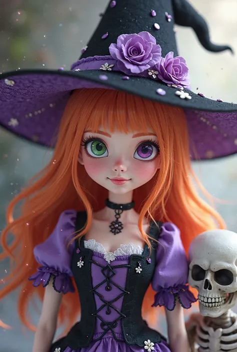  A purple and black witch hat with white details and flower ornaments, short medieval dress with purple details with black , orange hair,  eyes with heterochromia ,  One green eye and another purple , appearing to be  , An innocent smile, cute and cheerful...