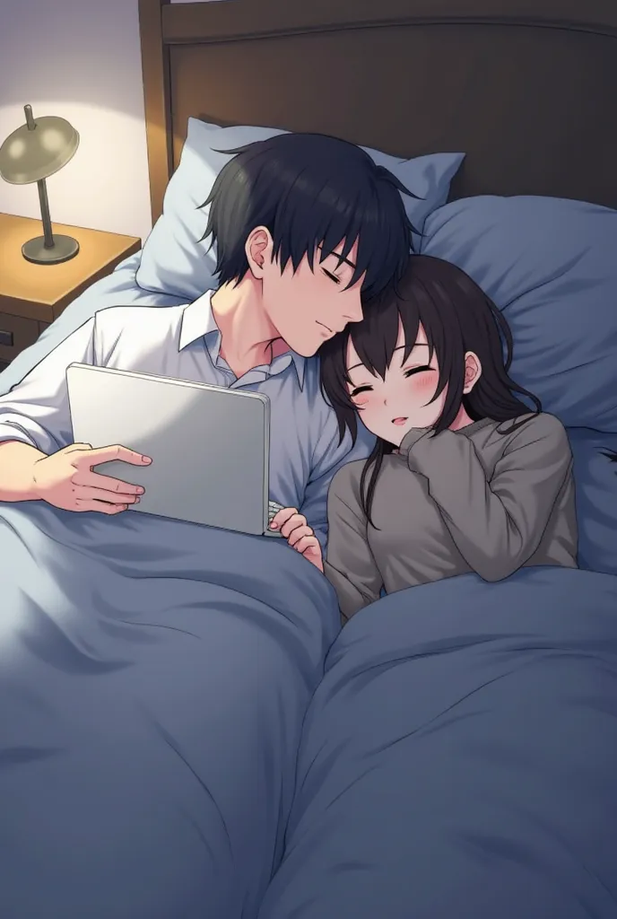 anime boy laying in bed with laptop and book in hand, he holds her while she sleeps, by Eizan Kikukawa, resting, by Naka Bokunen, anime lover, sakimichan and makoto shinkai, realistic!!, .. if only i could sleep, waking up, by Okumura Togyu, cuddling