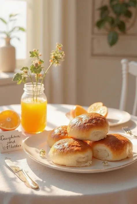 Angle from top to bottom, visualize homemade rolls on a luxurious table in an elegant kitchen, light colors.,  orange juice jar um cartão escrito filha e mamae 