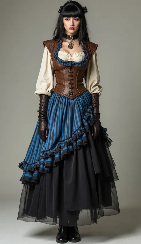 steam punk, woman, black hair, modest, multi layered skirt (blue and black vertical stripes at the top with ruffles, black tulle at the bottom), cream blouse (long sleeved, lace, ruffled), brown bolero jacket (blue trim, buttons), brown corset (lace, butto...