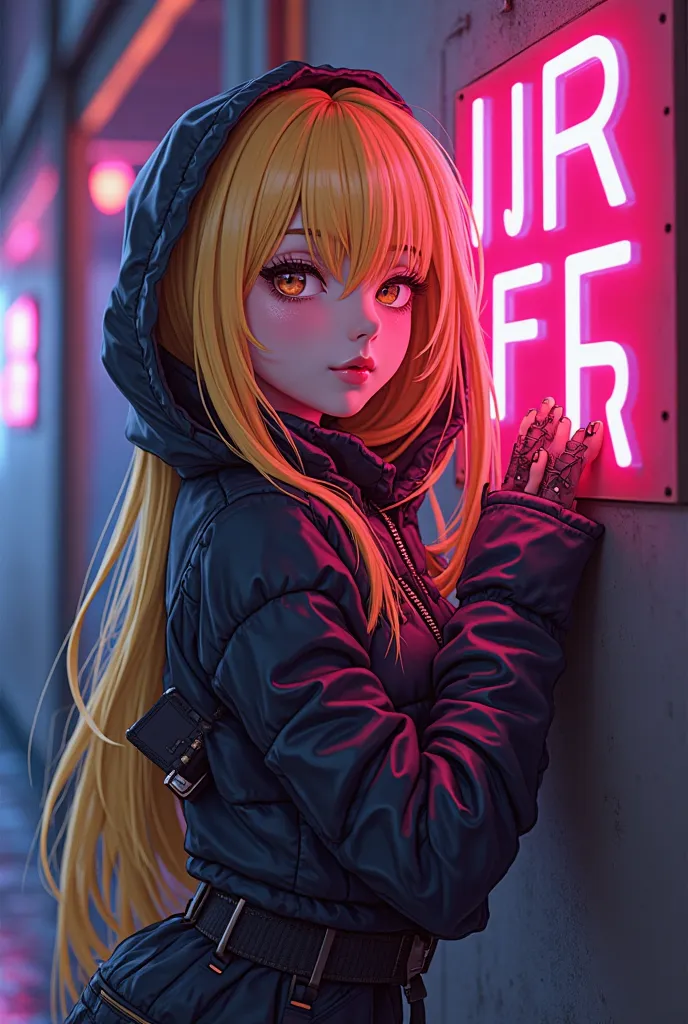  A pretty girl, cyberpunk style, hoodie and long yellow hair,  neon lights,  high-tech clothing ,with the name written in text of IRFER on the wall in neon style in anime style with the name written in text of IRFER on the wall in neon style 