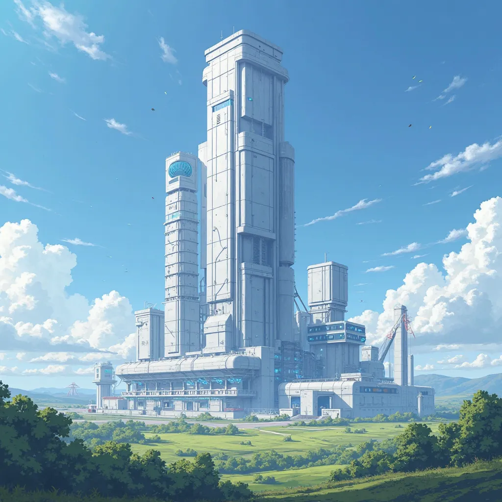 full image,  from the front, anime art, giant technological and advanced structure, distant and complete point of view of the building, Futuristic factory, white with blue lights, structure with circular and square style, complete and detailed view of the ...