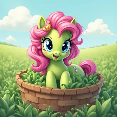 my little ponies unicorn pony girl with voluminous wavy curly pink and green colored hair,shiny heart hair clip, blue eyes,cheerful, cutie mark is a bean sprout, in a field of bean sprouts, fluffy, sunny day with white clouds,she is sitting in a large wood...