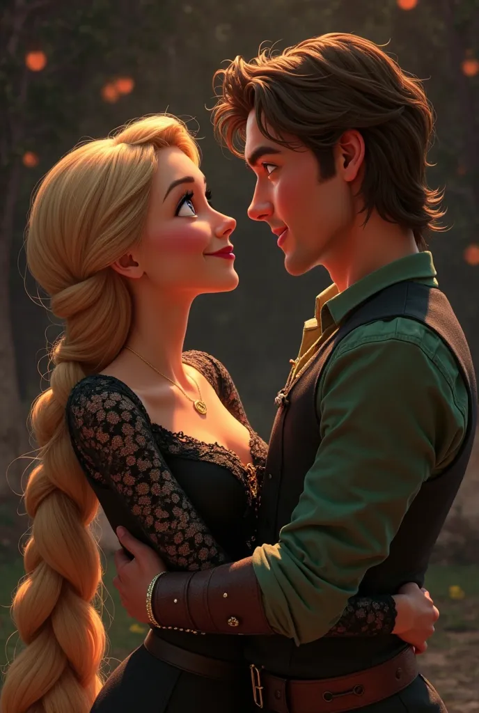 

A imagem mostra uma representação artística de Rapunzel e Flynn Rider, de Tangled, em um abraço íntimo. Ambos estão vestidos com roupas elegantes, e a expressão em seus rostos é de amor e afeto. Rapunzel está usando um vestido preto de renda, e seu cabel...