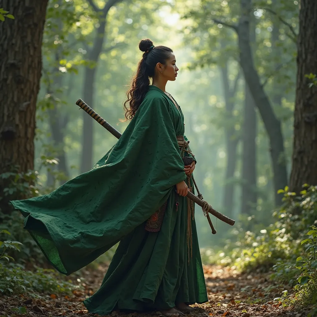 a female green-caped Japanese samurai, in a forest, holding a staff, eyes closed, taking a realistic photo