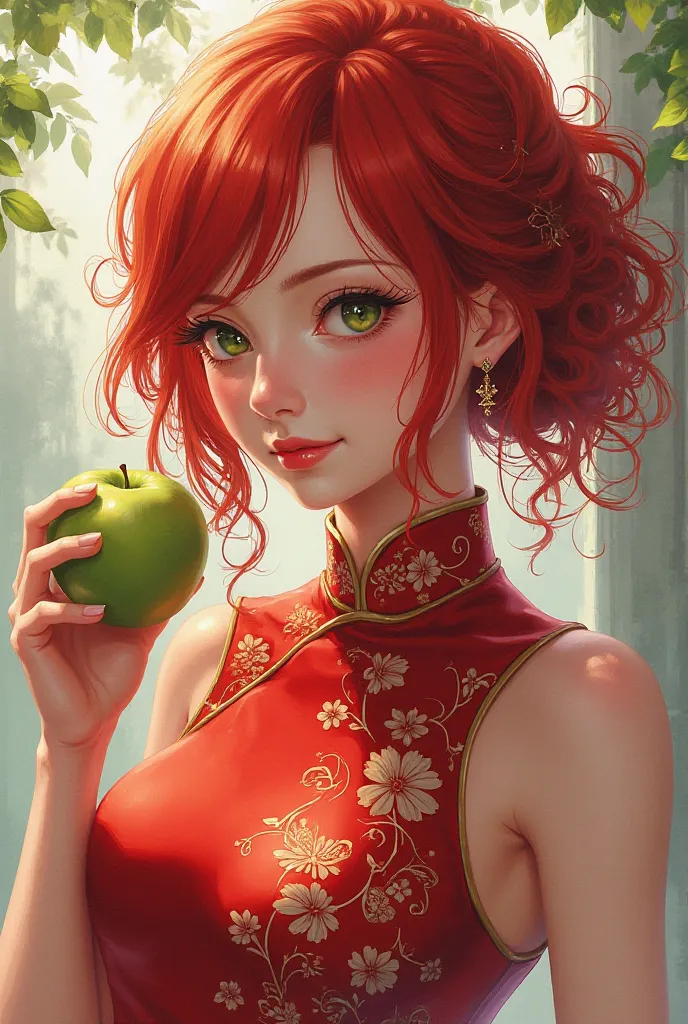 One Piece's style of painting，A red-haired woman wearing a cheongsam is eating an apple