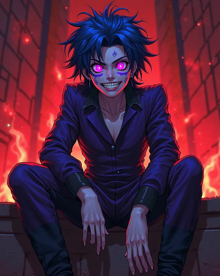 Make the image,anime art,Tall ager,blue hair with some purple stripes,purple marks and neon purple curse symbols on the face,bright purple eyes,sitting on a red wall against a backdrop of burning,very sharp teeth,wide murderous smile and arrogant look a bi...