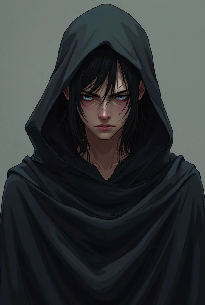 An animated Athenian wearing balck cape and he has a black hair and it it pinrowed. The looks on his face is like angry ang jealous. A whole body picture of him