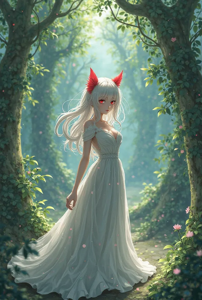 Girl with white hair and red tufts,her red eyes and a long white dress in a forest and voluptuous anime-type 