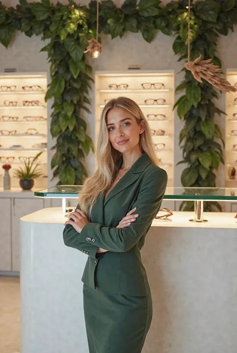 eyewear store.  Optics . store that sells prescription glasses. elegant store. It has a beautiful blonde employee. full body photo. The optician is called " Optics s Brasil" This store has a theme. The store's sub-name is Amazônia. The decoration is influe...