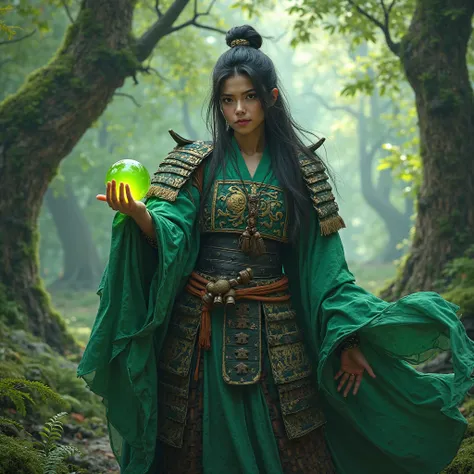 a female green-caped Japanese samurai, in a forest, giving the viewer a small green orb, holding it in one hand, taking a realistic photo