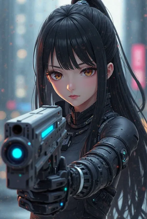 serious anime girl with long straight black hair with bangs she is a warrior holding a futuristic gun, the frame must be horizontal and the prospective must start from the gun 