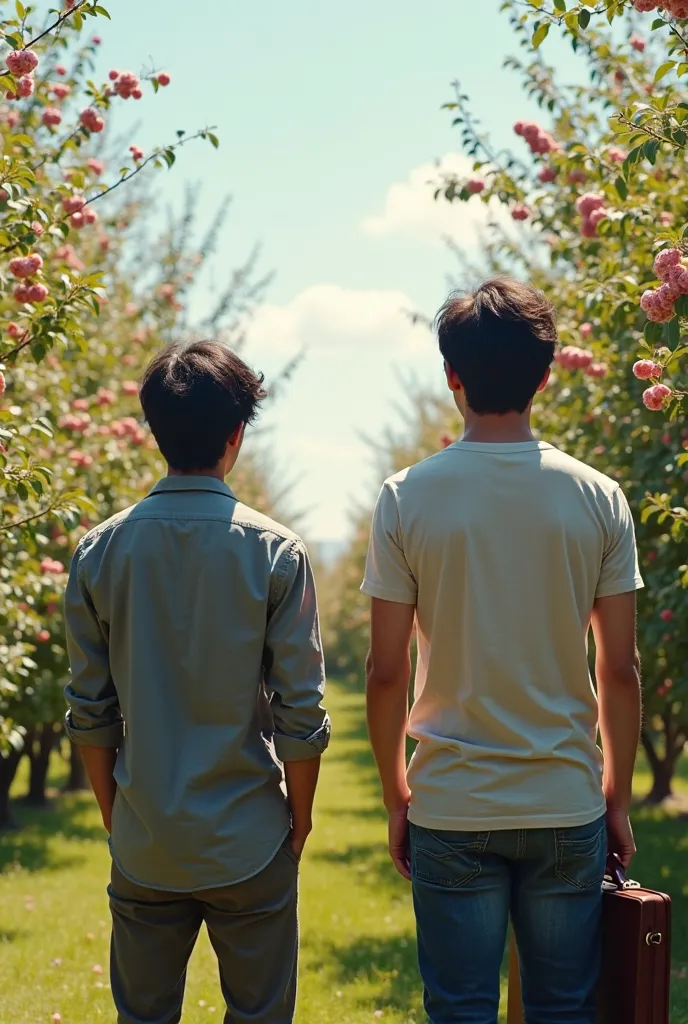 Two guys stand in the background of a cherry orchard. The view from the back and no faces are visible. One of them is skinny, with hair laid to one side, dark hair,  dressed in a shirt and pants . The other one is taller and larger, dark hair, short hair, ...