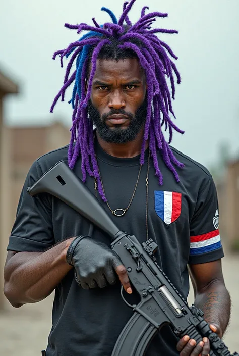 Generate image of a white-skinned man wearing a French jersey holding an AK-47 with purple dreads with blue tips