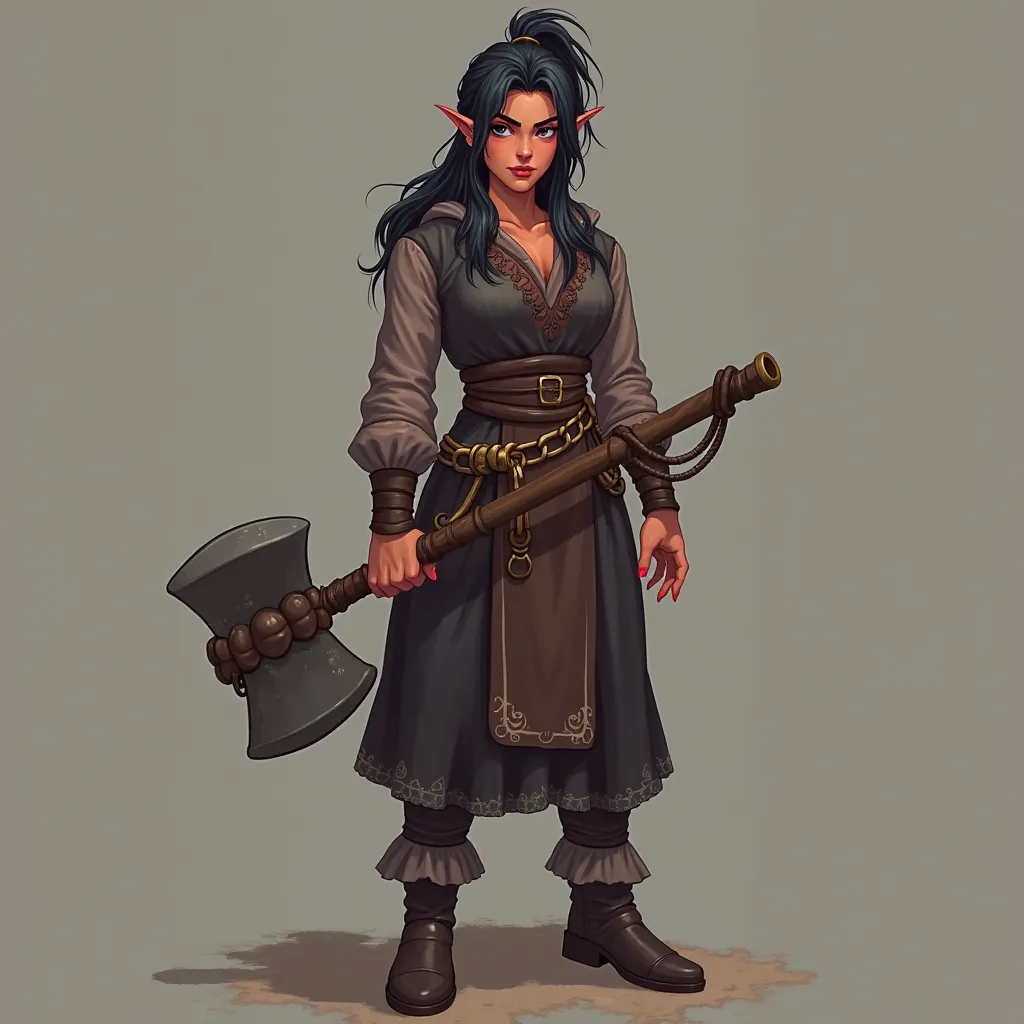 Create a female character showing her full body, From a Meioling role-playing game featuring the Barbarian class, she is a very strong character who measures 1 meter, Your skin is clean , Half red and her ears are pointed, dark hair tied up, dark clothes h...