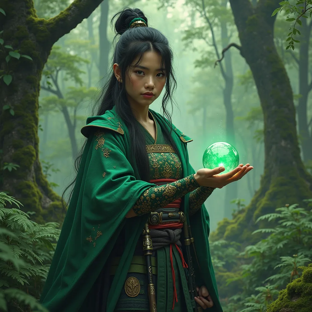 a female green-caped Japanese samurai, in a forest, giving the viewer a small green orb, holding it in one hand, taking a realistic photo