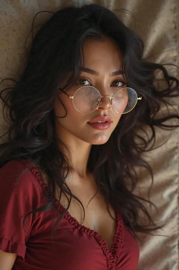 a young woman with long black hair and gold-framed glasses. She is wearing a red top and is lying on her side, looking at the camera. The woman's expression is serious, but slightly suggestive. but more attractive.