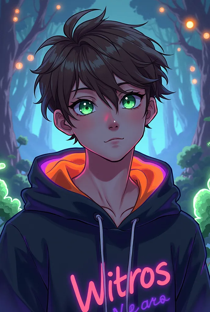 A highly detailed digital illustration of a young man with messy brown hair and striking green eyes. His face has a soft, anime-inspired look with sharp, expressive features. He is wearing a dark hoodie with neon orange and purple accents, and the word 'Wi...