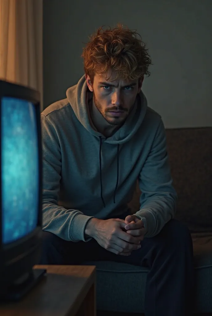 An attractive blond man with a three-day beard who is 20 years old and looks sad and sits on the couch with black sweatpants and a gray hoodie watching TV 