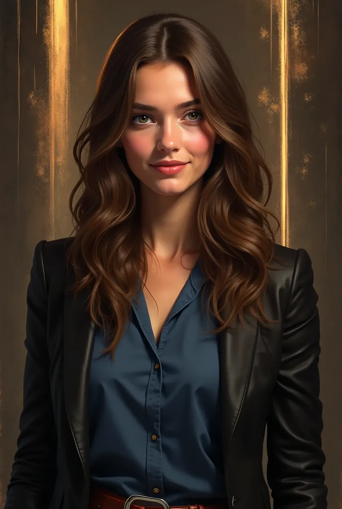 young woman with long brown hair, wearing a black jacket over a blue blouse.  Her face has a soft and confident expression ,  with a light smile and an enveloping look . The background of the image is dark and abstract, with brown and gold tones , plus som...