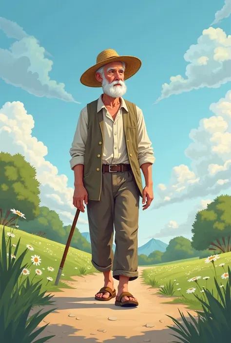 An older man wearing a straw hat , barba canosa, Simple clothes ,Png cartoon thinking while walking