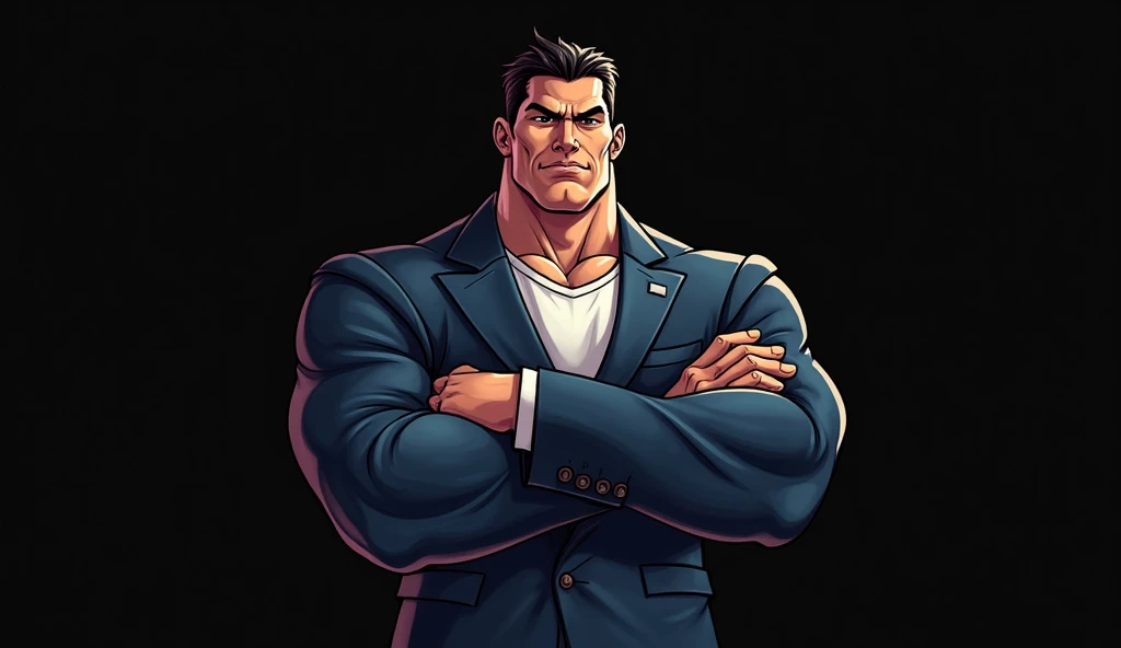 Strong man in a cross-arm suit,  cartoon style, completely black background