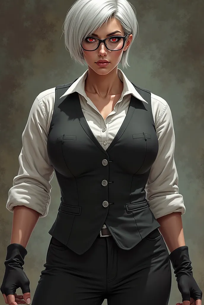 30 year old woman, large and strong body with muscular abdomen, short white hair, red eyes, glasses, wearing a black dress vest, white blouse and fingerless gloves