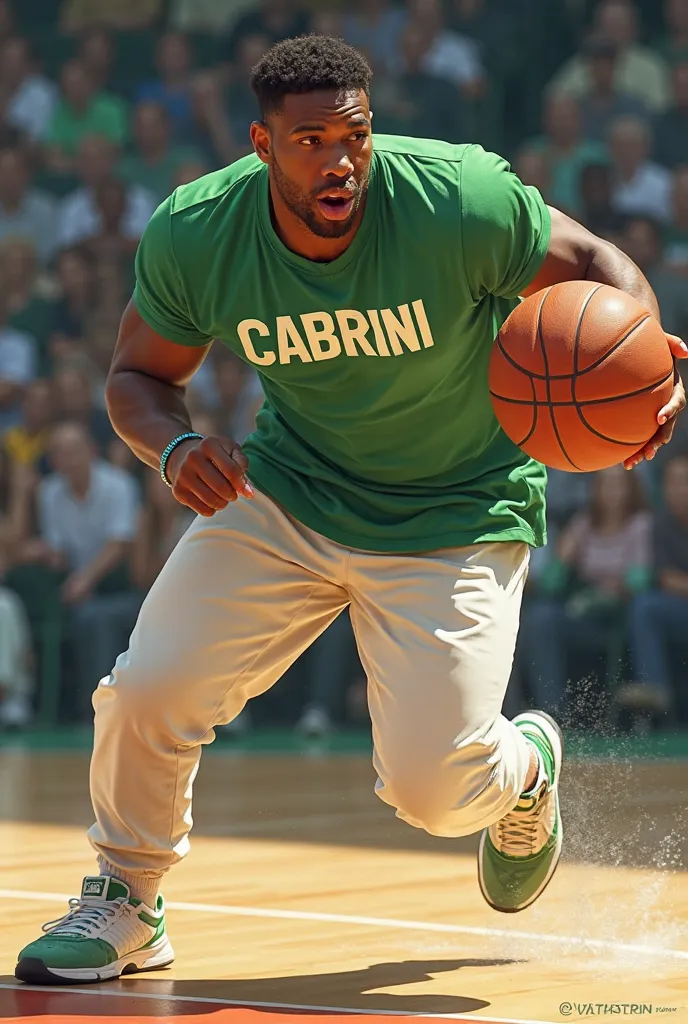 I would like you to create a BASKETBALL PLAYER for me with a GREEN T-SHIRT AND WHITE PANTS and to have the word CABRINI on the SHIRT