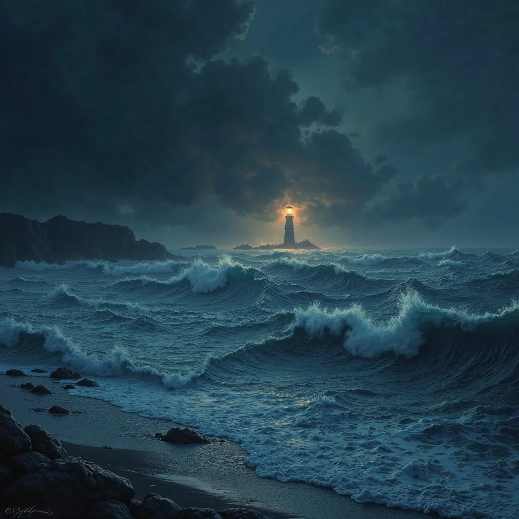 a beach where a lighthouse in the distance and huge waves on a dark night 