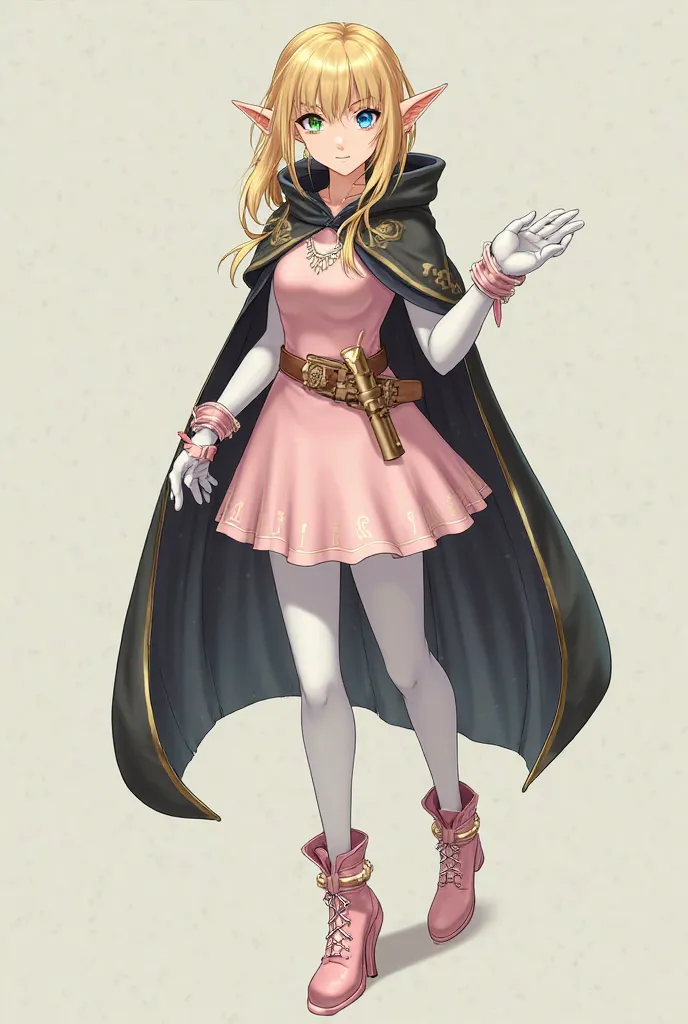 Elf Boy, with blond hair, left eye blue, right green, in a light pink short dress, long white stockings above the knee, elbow-length white gloves, covering the palm, pink high-heeled shoes with ankle closure, a sheath on a belt, in a dark cloak