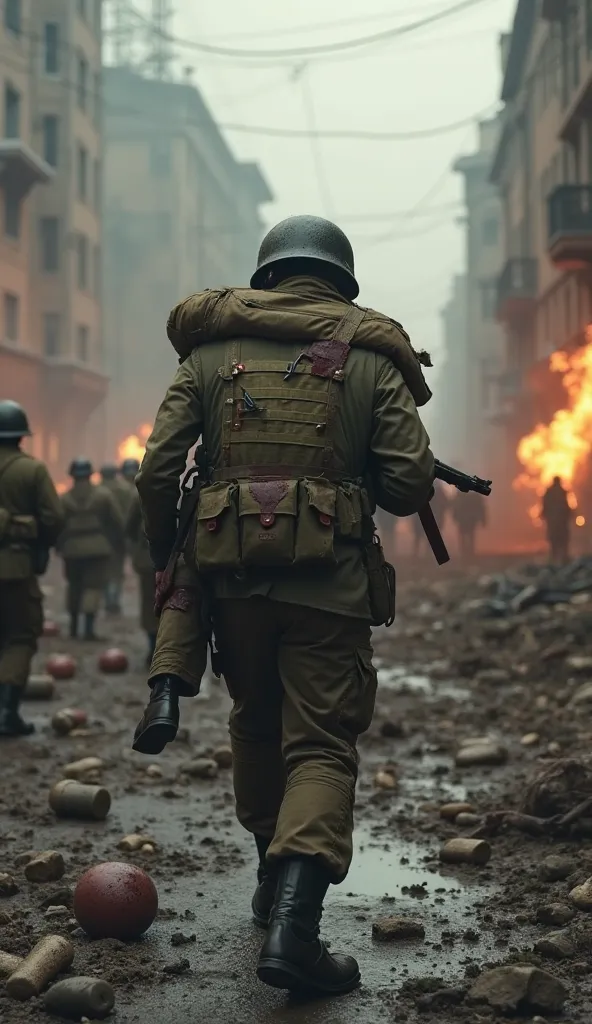 Uma first-person view of a soldier carrying a wounded companion amidst the chaos of World War II. The weight of the friend on his shoulders is overwhelming, but he refuses to leave it behind. Your hands, stained in blood and mud, hold tight to the comrade'...