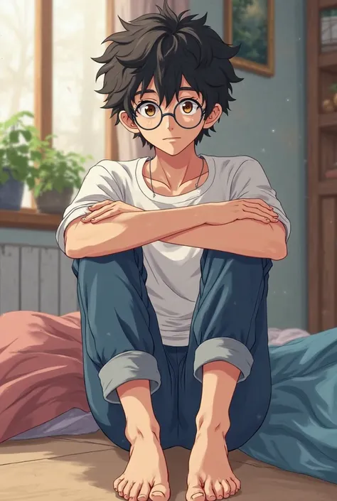 A anime boy looks like yeon skylar from lost in the cloud who have black curly hair, brown eyes and wearing round glasses, sitting on his bedroom and wearing white shirt and blue jeans but the ankles of the pants are rolled up. He is compeletely barefoot a...