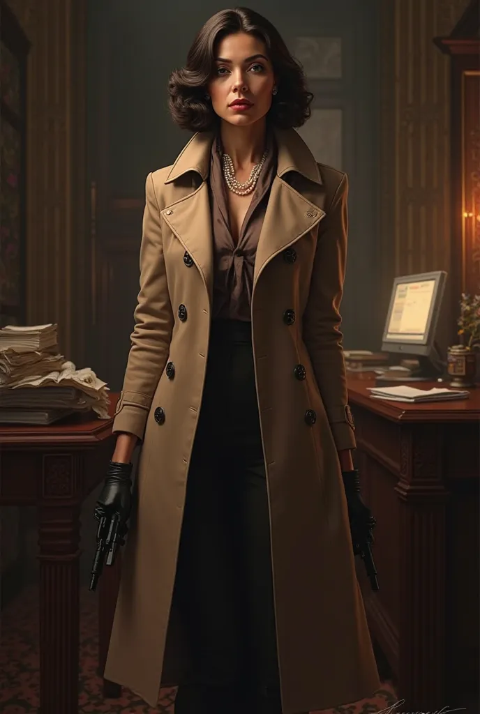 grandma in a detective coat as a sexy spy investigator