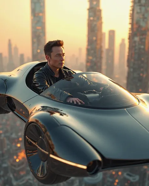 Creates a hyperrealistic image of Elon Musk, driving a futuristic flying car.. Hyperrealistic 4k photo, 4k masterpiece, in high realistic quality, very detailed.