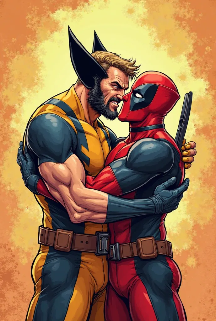 Wolverin and Deadpool hugging like friends in a cartoon