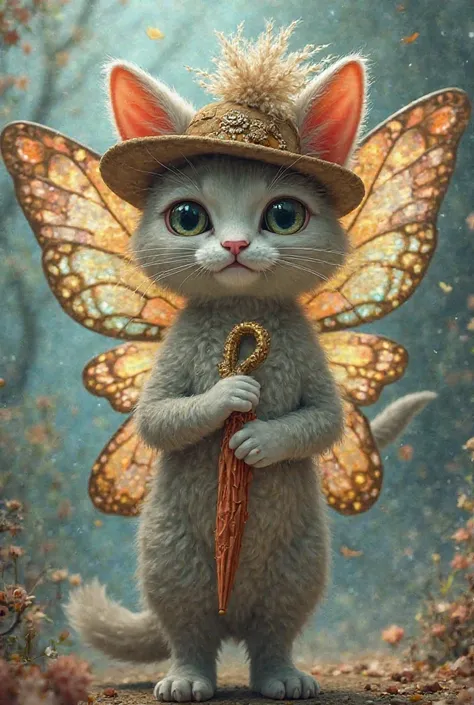 Butterfly cat with hat and umbrella