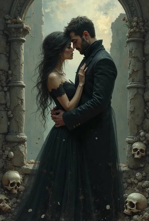 Gothic romantic art with skulls a woman and a man