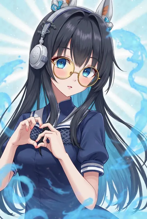 A female character in the style of free fire, with long black hair with fringe, headphone with Marco hanging his head with a bow on top,  round gold glasses , blue eyes, dark blue top with white details, light blue smoke around her body and around, side po...