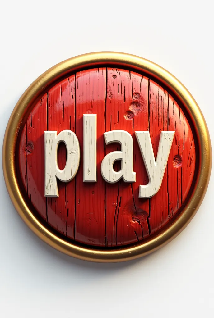 A round farm themed button that has the word play on it. The center of the button should be wooden, where as the outer rim should be gold. The center of the button is red.