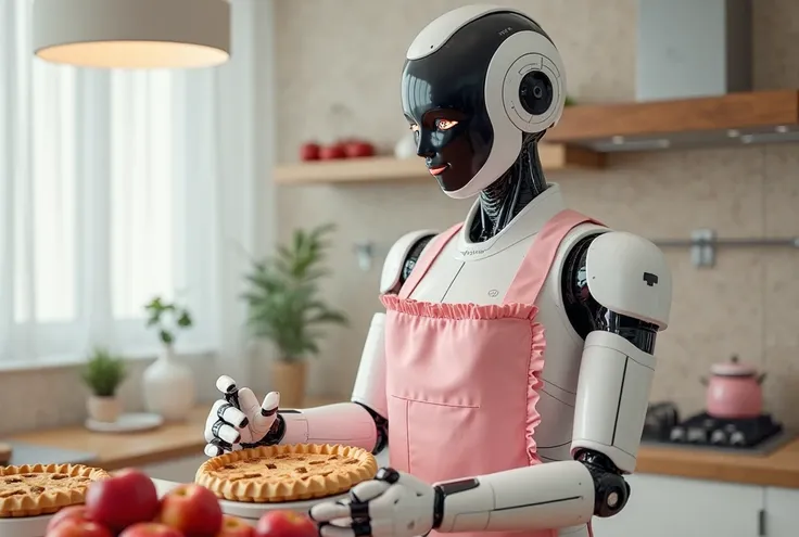 A white and pink futuristic feminine housewife robot baking a apple pie in her kitchen, Eye-Level Shot, the robot has a sleek sexy humanoid body with a screen for a face and a touch screen on her chest, her face screen has a kaomoji cute cartoon face that'...