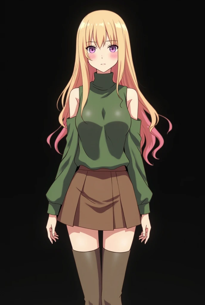  screenshot, naruto: high quality, 8K ultra HD, A young woman with long blond hair with pink reflections in some highlights.  His skin is light with a faint blush on his cheeks . She wears a sleeveless turtleneck sweater in a green tone, combined with a sh...