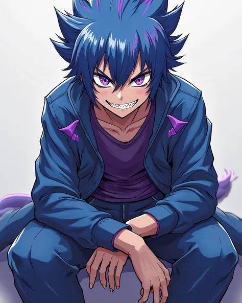 Make the image,anime art,Tall ager,Blue hair spiked behind with some purple stripes,bright purple eyes,sitting,serrated teeth,grinning teeth and looking arrogant a bit intimidating,Galan's blue outfit with purple details,sitting em cima de um poste,