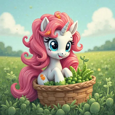 (my little ponies unicorn pony girl with voluminous wavy curly pink and green colored hair,shiny orange heart hair clip, blue eyes,cheerful, cutie mark is a bean sprout, white skin color, green hooves), in a field of bean sprouts, fluffy, sunny day with wh...