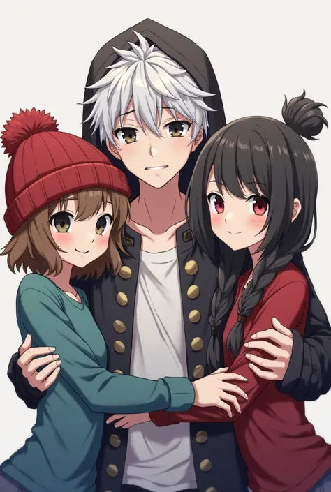 3 anime friends the one on the left is female anime with a red beanies with large stripes of a darker shade ,with short but slightly long hair with the fringe facing the right side of brown ,wearing a blue-green shirt ,the hair covers his eyes a little bit...